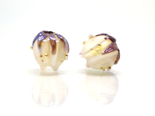 White 10mm flower lampwork beads purple gold, Wedding jewelry making, White necklace, Lampwork art, Glass flower beads Floral beads Handmade