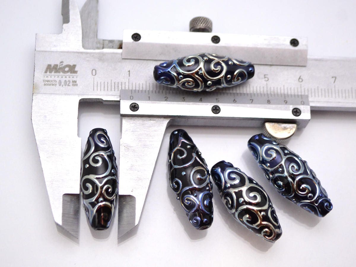 black and silver artisan lampwork beads set oval beads jewelry making rhombus curls bead chic sparkly beads large beads christmas bead