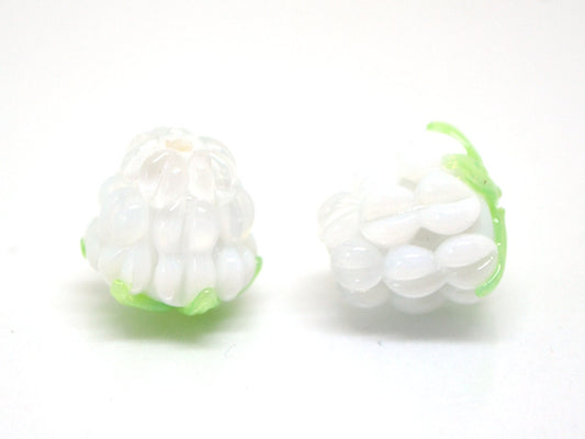 White lampwork raspberry, White glass berries, Berry jewelry making, Lampwork raspberries, Berry fruit beads, White Raspberry green leaf