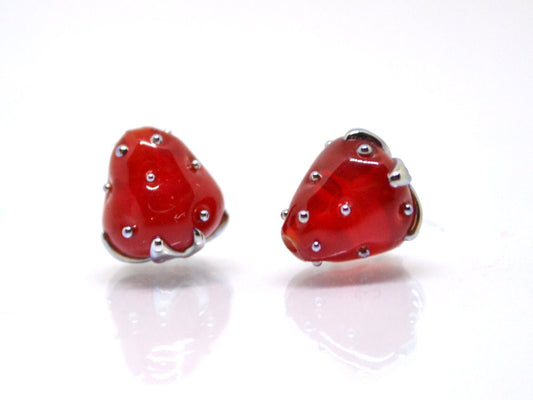 Small 8mm Red Strawberry lampwork beads, Red glass berry, Glass strawberry, Red Berry fruit beads, Red silver berry beads