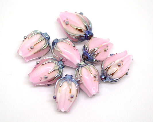 Milk pink and gold flower glass beads, Floral lampwork, Beads for jewelry, Artisan lampwork, Light pink beads, Handmade glass beads for you