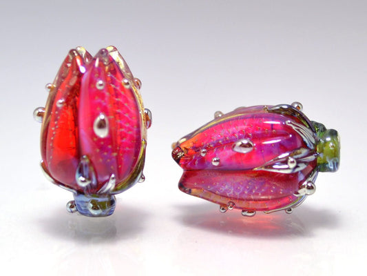 Handmade lampwork Flower lampwork Artisan lampwork Floral pendant Glass Beads pink red wine netting pendant jewelry making romantic silver