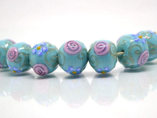 Sea Blue green Glass beads, Venetian Glass, Vintage beads, Bohemian glass, Vintage jewelry, Beads for necklace, Artisan lampwork, flower