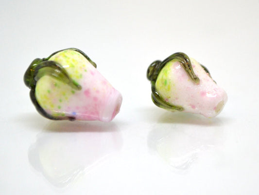 Pink white twist rosebud beads, Spring flower Glass Beads, Floral lampwork bead, Pink green flower buds, Artisan lampwork beads, OliVerStar