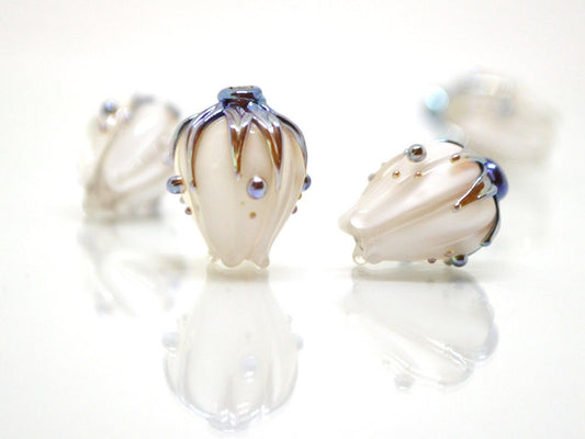 White flower glass beads, White blue gold lampwork beads handmade, Wedding jewelry making Beads for earrings Flower pendant Artisan lampwork
