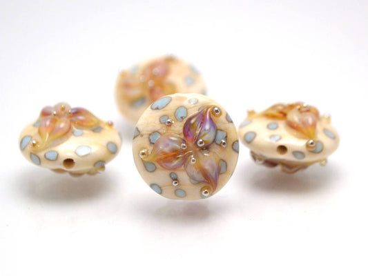 Lentils lampwork beads - Beige Ivory glass beads - Lampwork beads - Lily flower lampwork beads - Murano glass - Ivory bead set - Jewelry