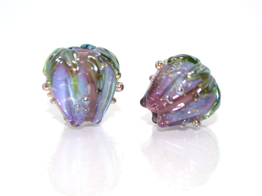 Purple lavender sparkling flower beads green leaves, stardust flower, 10mm flower beads, Glass flower beads Floral lampwork Artisan lampwork