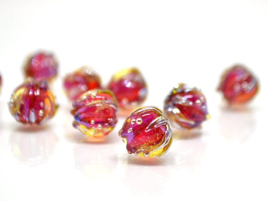 Fuchsia red gold flower beads, 10mm flower beads, Flower glass beads, Artisan Lampwork, Bright glass beads, Handmade glass art, Floral beads