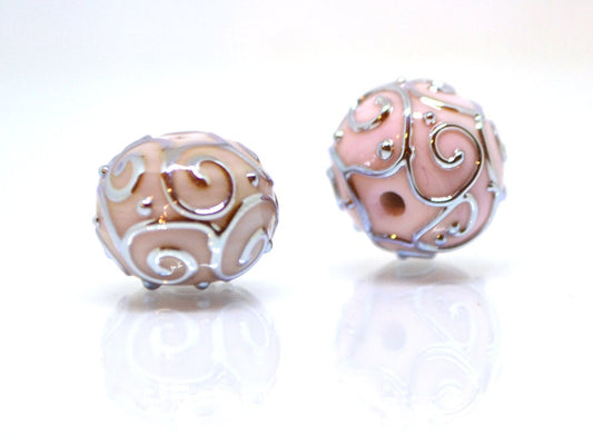 Pale pink beads with silver curls, Handmade glass beads, Artisan lampwork Set, SRA beads, Round beads, Jewelry making, Beads set