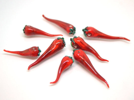 Red chili peppers, Glass chili beads, Horizontal center-drilled beads, Vegetable beads, Farm pendant, red green