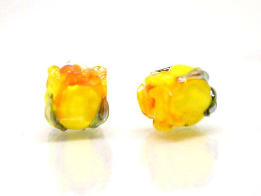 Yellow orange 8mm rosebud beads, Summer Floral lampwork, Rose beads, Colorful glass beads, Art Flower Beads, Murano Beads, Flower bud bead