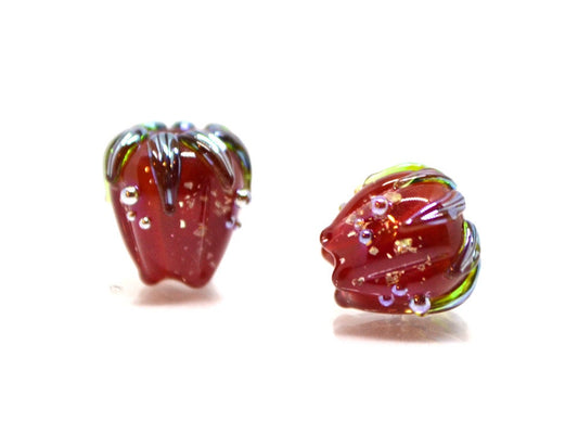 Bright red sparkle flower beads with silver dots, Floral lampwork, 10mm glass beads