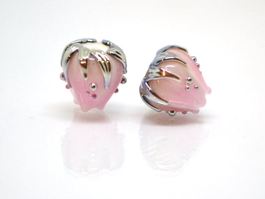 Tender Pale pink glass flower beads gold leaves, Artisan lampwork, 10mm flower bead, Pastel pink beads