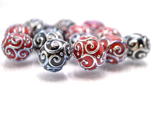 black red lampwork handmade bead artisan lampwork bead set jewelry making round bead silver curl dots red and black glass lampwork beads