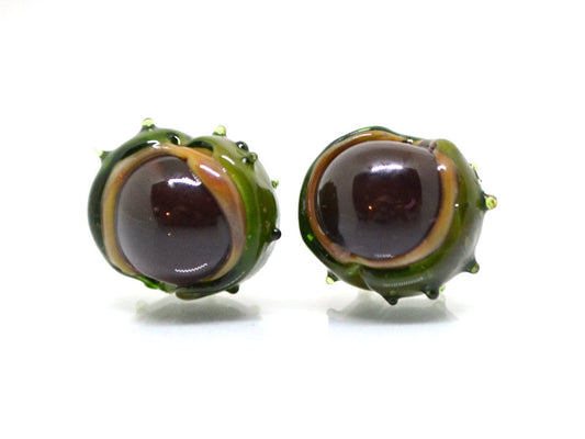 Lampwork chestnut beads, Handmade lampwork bead, Forrest glass beads, Green brown glass beads, Berry beads, Food glass bead,Artisan lampwork