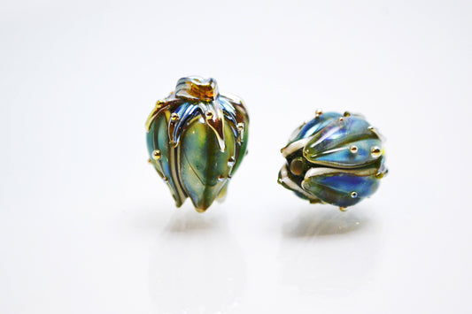 Flower artisan lampwork bead green blue bud handmade glass jewelry making set glass bell Leaf Beads bracelet necklace pendant wedding