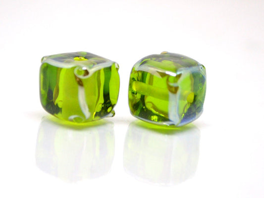 Salad green glass beads, Verdant green beads, Handmade green cube beads, Lampwork cube bead, Square lampwork bead, Geometry lampwork