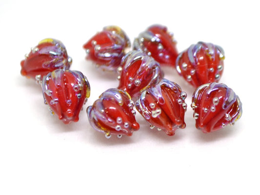Deep red 7mm floral lampwork beads, Red and Silver flower beads, Small glass beads, Half drilled beads, Tiny glass beads, Bordeaux beads