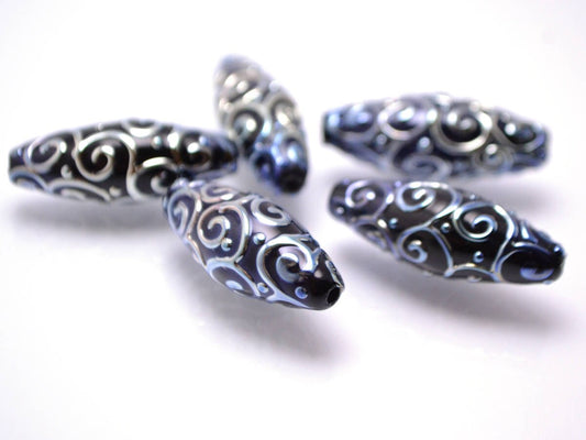 black and silver artisan lampwork beads set oval beads jewelry making rhombus curls bead chic sparkly beads large beads christmas bead