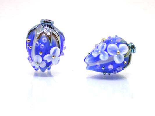 Cobalt flower bouquet lampwork beads, Sapphire lampwork beads, Artisan lampwork, 3d flower beads
