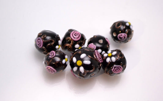 Italian glass jewelry murano glass bead black pink bead bracelet black lampwork artisan bead bead jewelry making chamomile bead jewelry