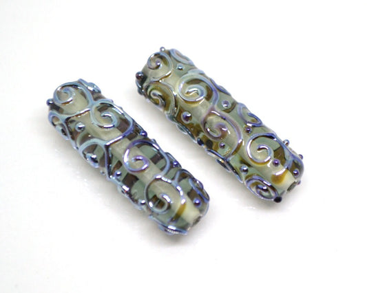 Gray lampwork tube bead, Silver mirror swirl transparent bead, Jewelry making supply, Artisan lampwork, Textured beads, Focal beads, Smoky