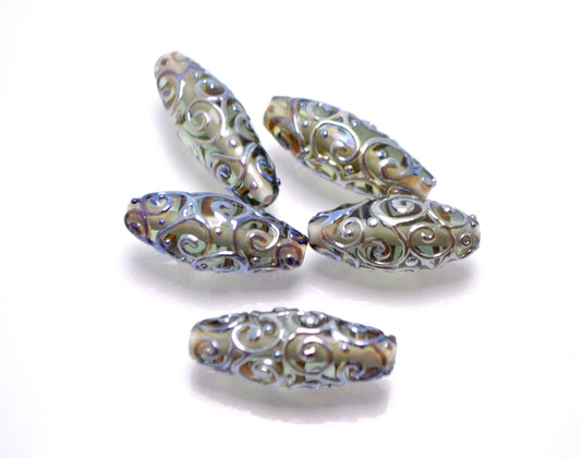 gray lampwork glass handmade bead rhombus oval bead swirl jewelry making transparent bead artisan mirror set silver texture pendant sra