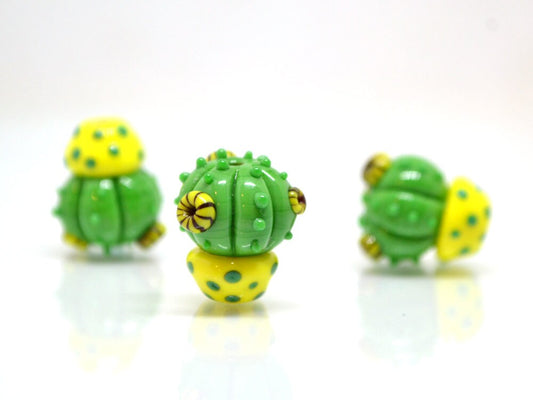 Lampwork cactus beads with yellow pot, Wilderness plants, Cactus yellow flower pendant, Succulent beads, Artisan lampwork
