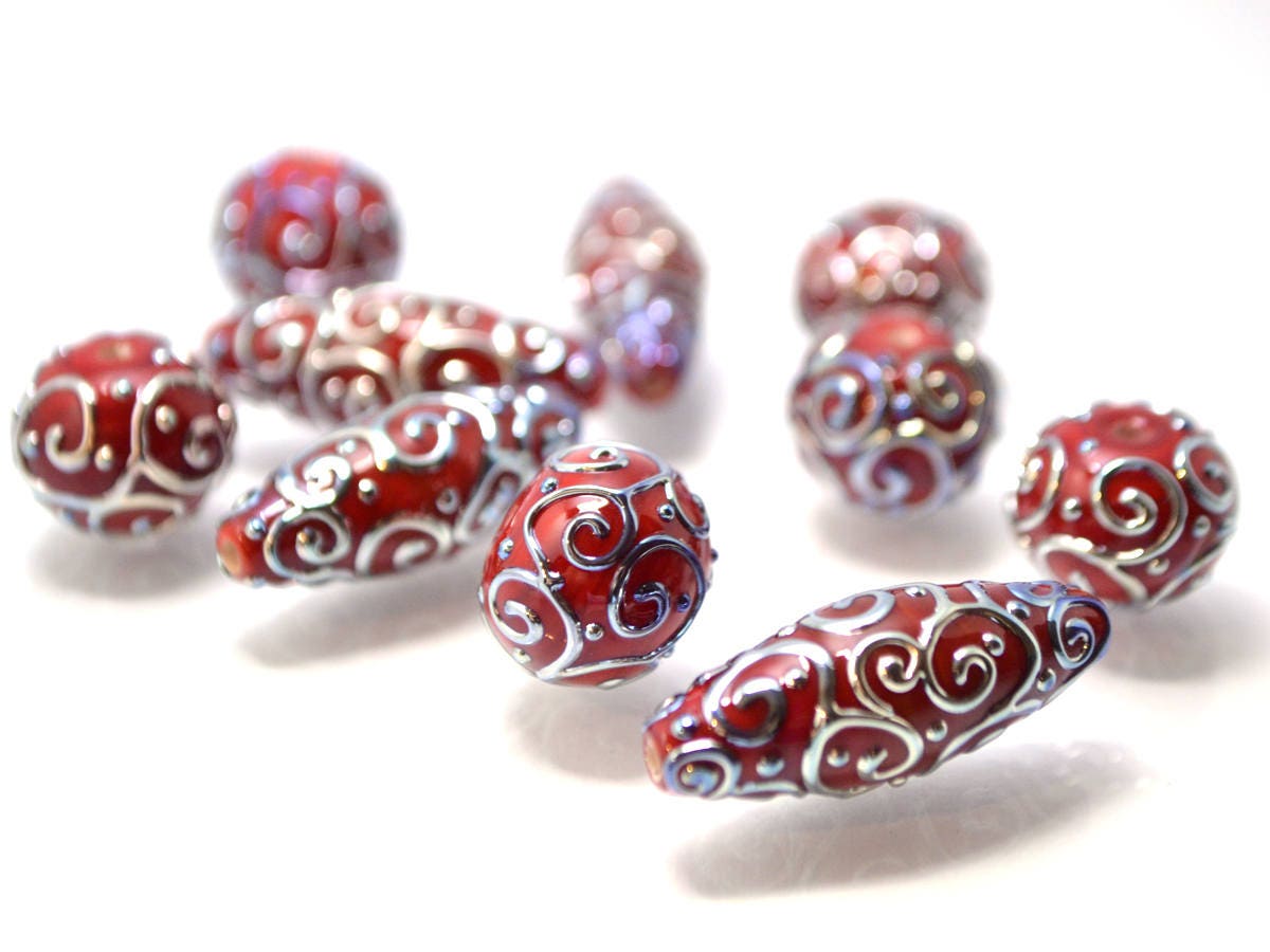red silver lampwork beads artisan lampwork lampwork beads set rhombus oval textured mirror beads jewelry making bright deep red silver glass