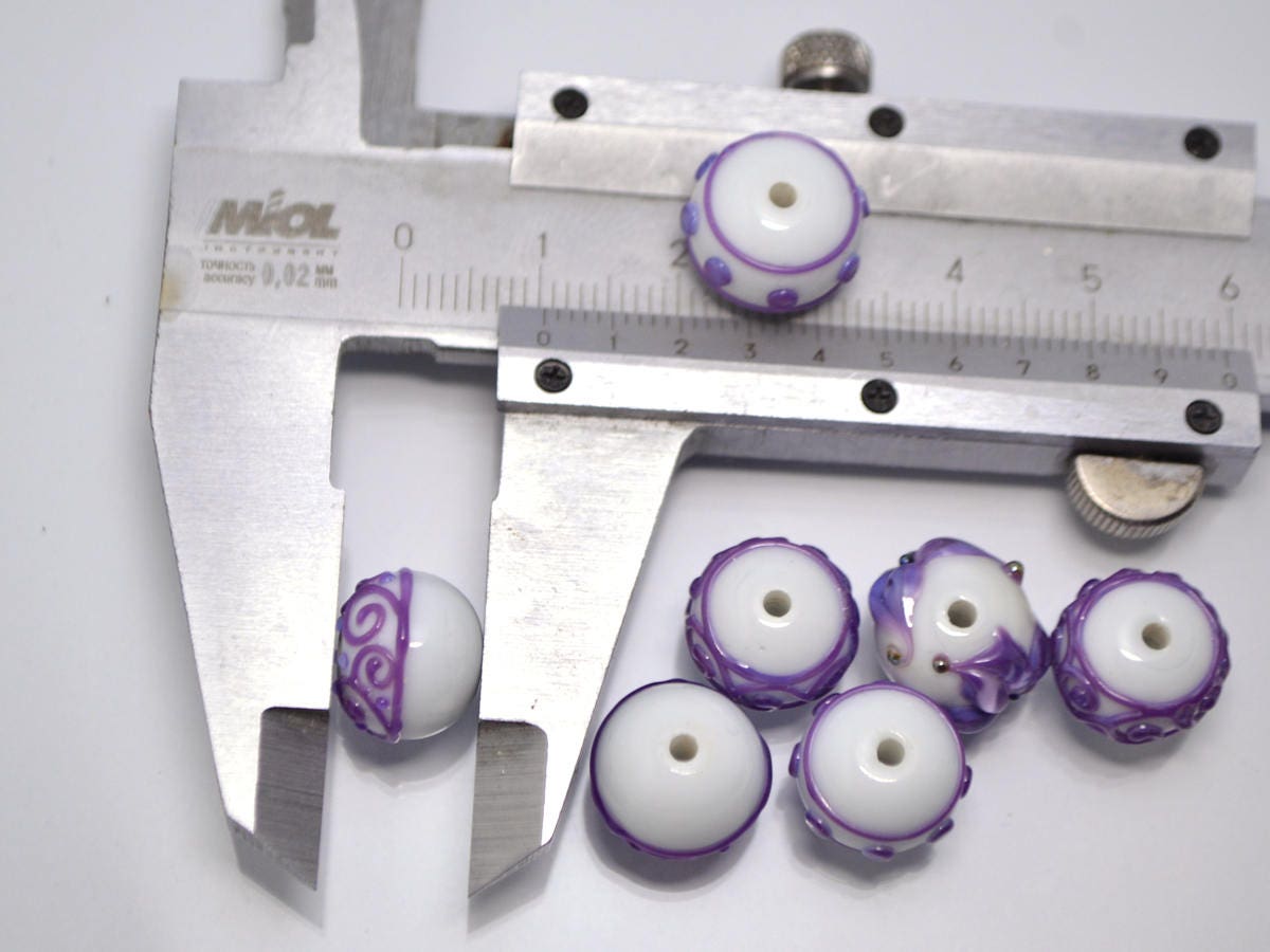 Lampwork purple white glass Handmade beads Artisan lampwork Rondelle bead Lampwork beads set Bracelet jewelry making set flower lampwork