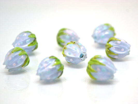 Pastel blue flower beads with colorful dots, Floral glass beads with green leaves, 12mm flower beads, Easter, Artisan lampwork
