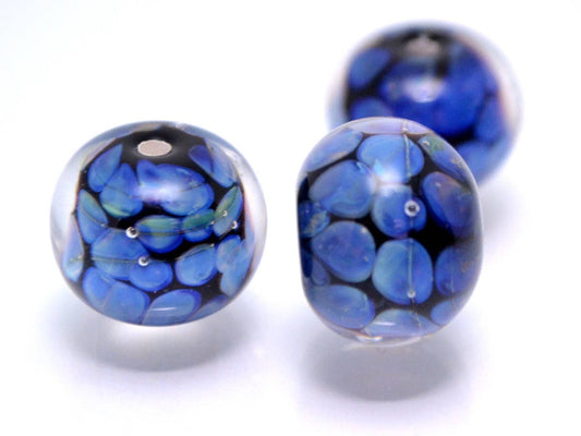 Black blue lampwork bead artisan lampwork jewelry making handmade bead round glass lampwork bead bracelet making blue dots black space bead