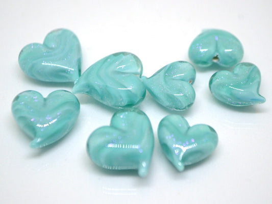 Turquoise heart beads, Green blue glass bead, Sparkle Lampwork heart, Heart shape bead, Glass Heart charm beads, Half-drilled beads