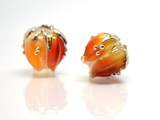 Red orange glass beads gold dots, 10mm flower beads, Artisan lampwork bead, Red lampwork spacer, Craft beads, Floral lampwork, Flower spacer