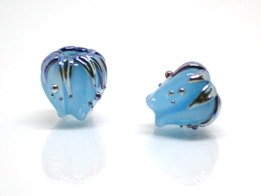 Pastel blue flower beads silver, 10mm glass beads, Flower lampwork bead, Floral lampwork, Artisan lampwork, Beads for Jewelry supplies, Bead