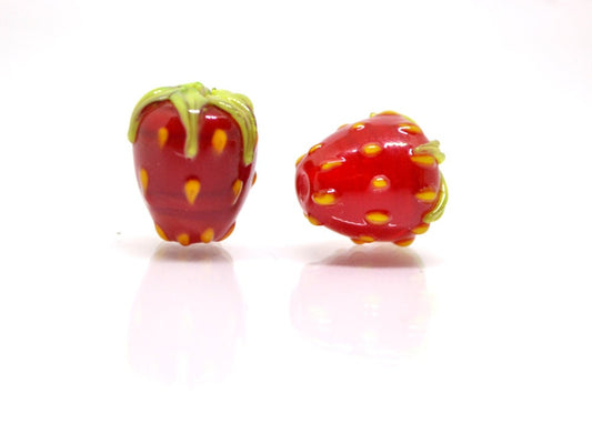 Red Strawberry lampwork beads, Glass berries, Lampwork strawberry, Berry fruit beads, Red green beads, Nature inspired, artisan lampwork
