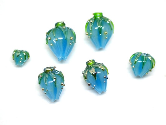 Powder blue glass beads, Handmade glass beads, Lampwork flower beads, Light Blue beads, Pale blue beads, Blue jewelry making,Blue flower bud