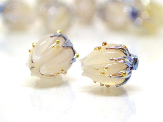 White opaque flower beads, White purple gold lampwork beads, Floral lampwork, White milk beads