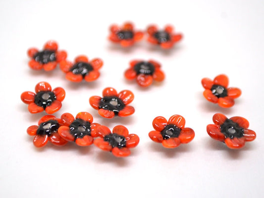 Red poppy glass beads, Very small red flower beads, Red black flower beads, Tiny red flowers, Lampwork poppy beads, 7mm flowers, poppy red