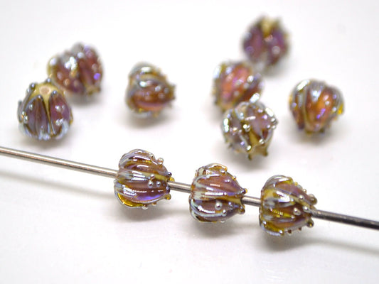 Lavender pink gold flower beads, 7mm glass beads, Tiny flower beads, Sparkle floral beads, Artisan lampwork beads, Lampwork bead set