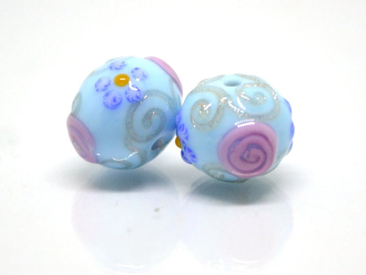 Venetian glass beads - Sky blue handmade beads with pink flowers and gold swirl, Artisan Lampwork Vintage glass bead Rondelle Jewelry making