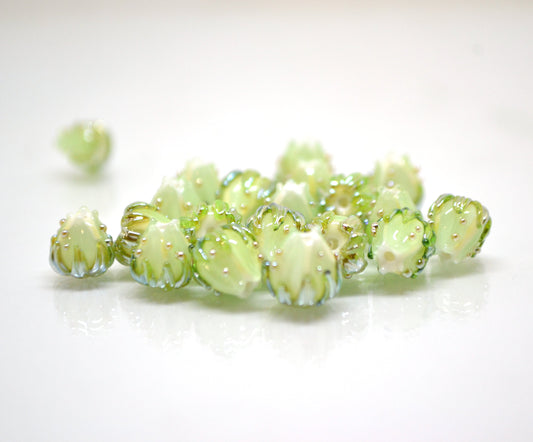 Mint green flower beads with gold leaves, Small glass beads, 7mm flower beads, Tiny lampwork beads