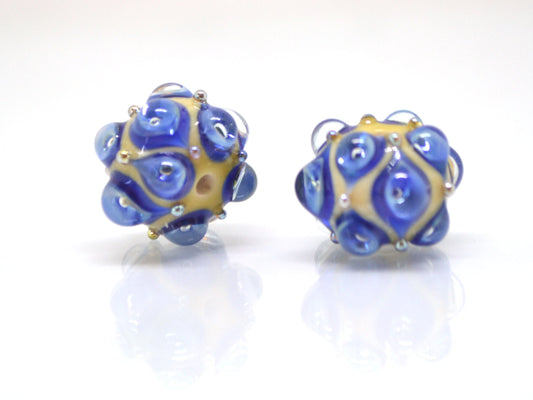 Blue beige handmade glass bead, 15 mm glass beads, Deep blue lampwork, Artisan lampwork, Beads for necklaces, Jewelry beads