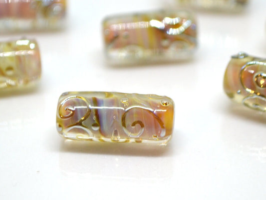 Glass handmade pink gold tube beads with gold curles, Cylinder beads, Artisan Lampwork, puffy beads, beige glass beads, Tube beads, Bead set