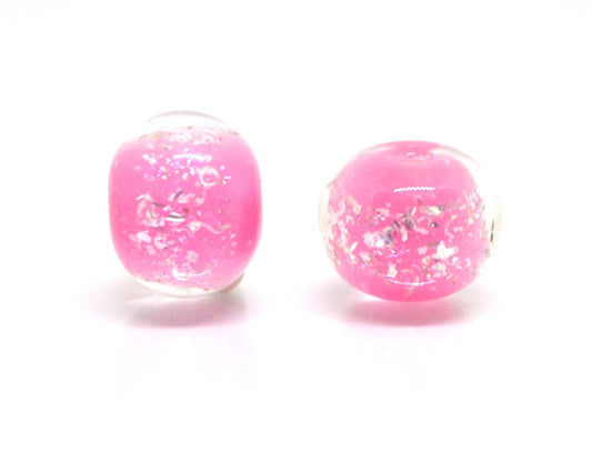 Pink lampwork foil beads, Handmade glass, Artisan lampwork, Shimmering Sparkling Round Silver Wedding jewelry making bead bride set bracelet