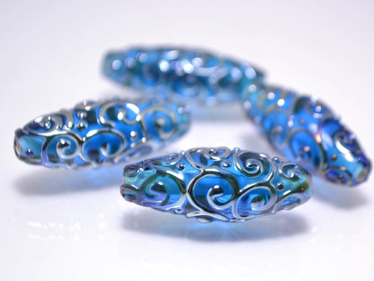lampwork glass handmade bead rhombus oval bead swirl aqua jewelry supplies blue design bead artisan lampwork glass set silver curls on blue