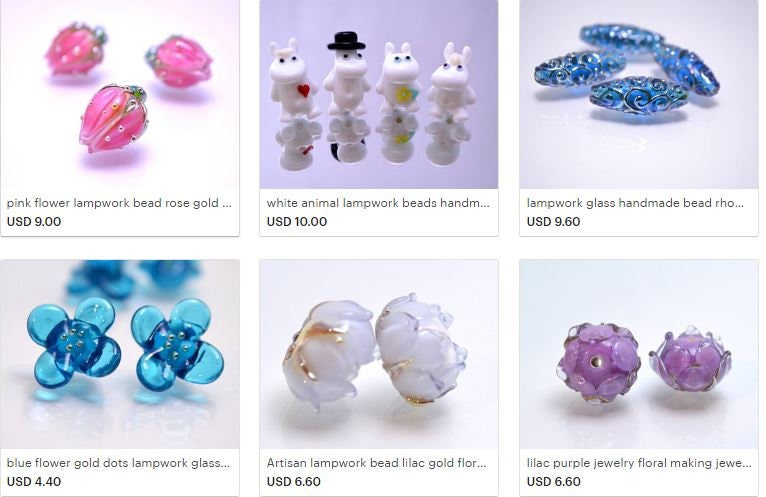 lampwork glass handmade bead rhombus oval bead swirl aqua jewelry supplies blue design bead artisan lampwork glass set silver curls on blue