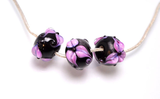 pink glass jewelry round shape black color bead handmade black set flower jewelry decor lampwork bead artisan lampwork glass lily flower