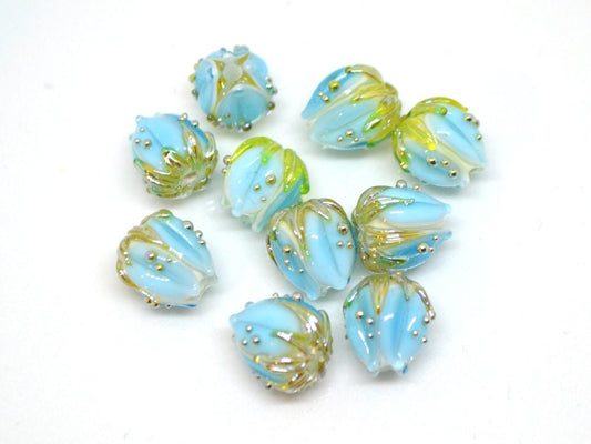 Lampwork glass flower beads 10mm, Light aquamarine flower buds with green gold leaves, Handmade lampwork, blue glass beads, Something blue