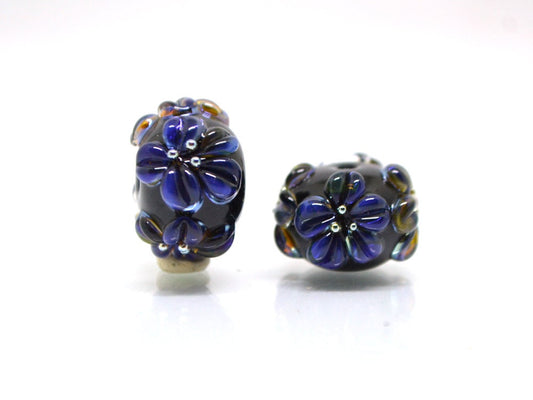 Dark lavender flower beads, Rondelle flower beads, Black blue glass beads, Spacer flower beads, Rondelle lampwork, Rondelle spacer bead